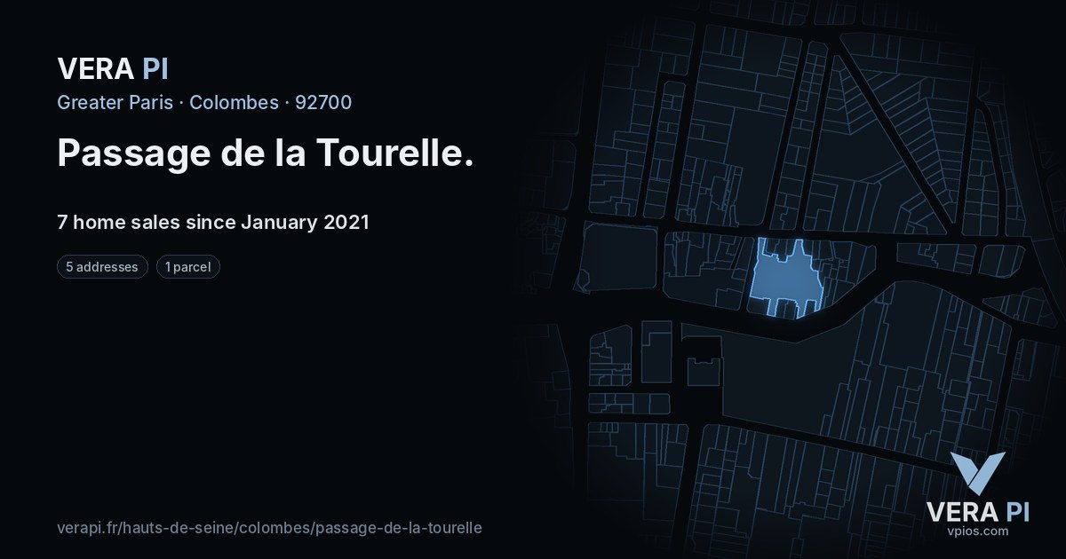 Passage de la Tourelle, Colombes at night – every parcel coloured by the prices around it, the street's own parcels lit