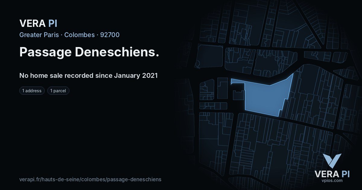 Passage Deneschiens, Colombes at night – every parcel coloured by the prices around it, the street's own parcels lit