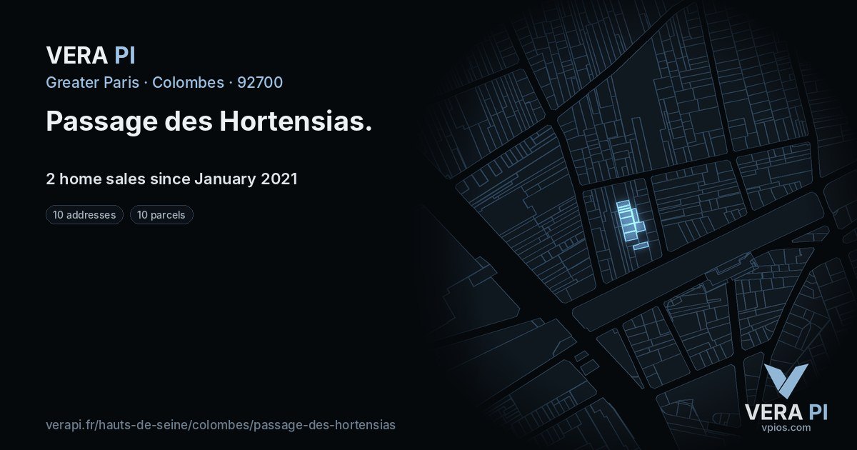 Passage des Hortensias, Colombes at night – every parcel coloured by the prices around it, the street's own parcels lit
