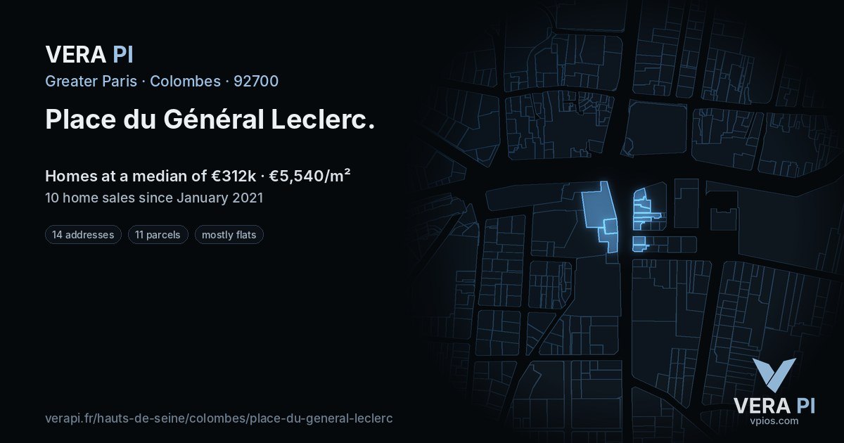 Place du Général Leclerc, Colombes at night – every parcel coloured by the prices around it, the street's own parcels lit