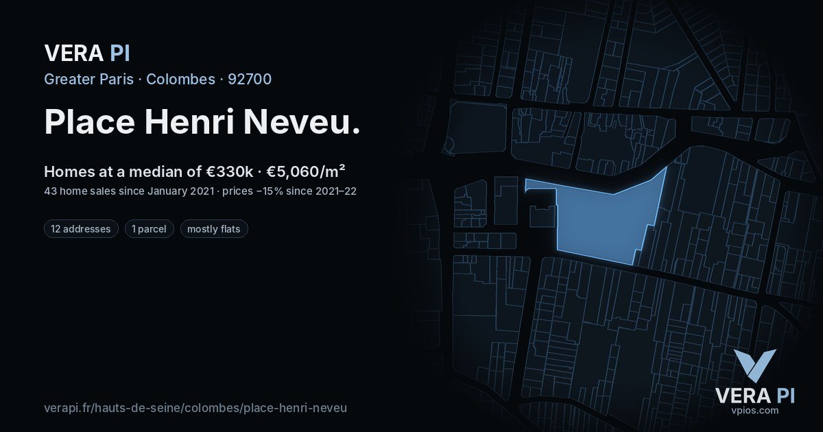 Place Henri Neveu, Colombes at night – every parcel coloured by the prices around it, the street's own parcels lit