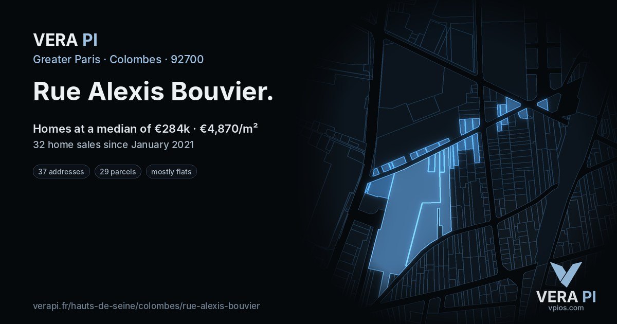 Rue Alexis Bouvier, Colombes at night – every parcel coloured by the prices around it, the street's own parcels lit