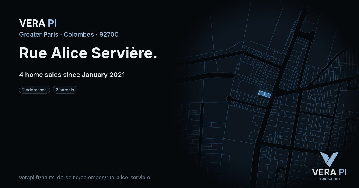 Rue Alice Servière, Colombes at night – every parcel coloured by the prices around it, the street's own parcels lit