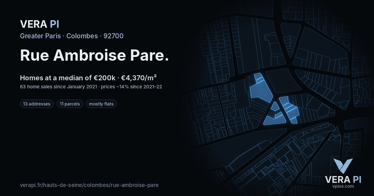 Rue Ambroise Pare, Colombes at night – every parcel coloured by the prices around it, the street's own parcels lit
