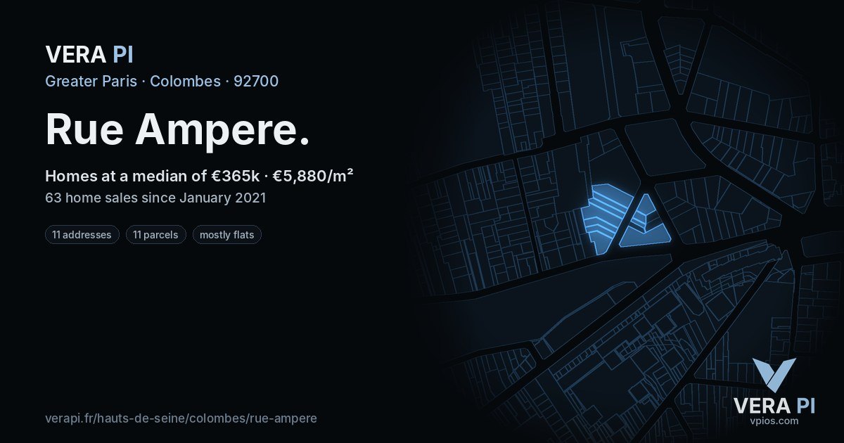 Rue Ampere, Colombes at night – every parcel coloured by the prices around it, the street's own parcels lit