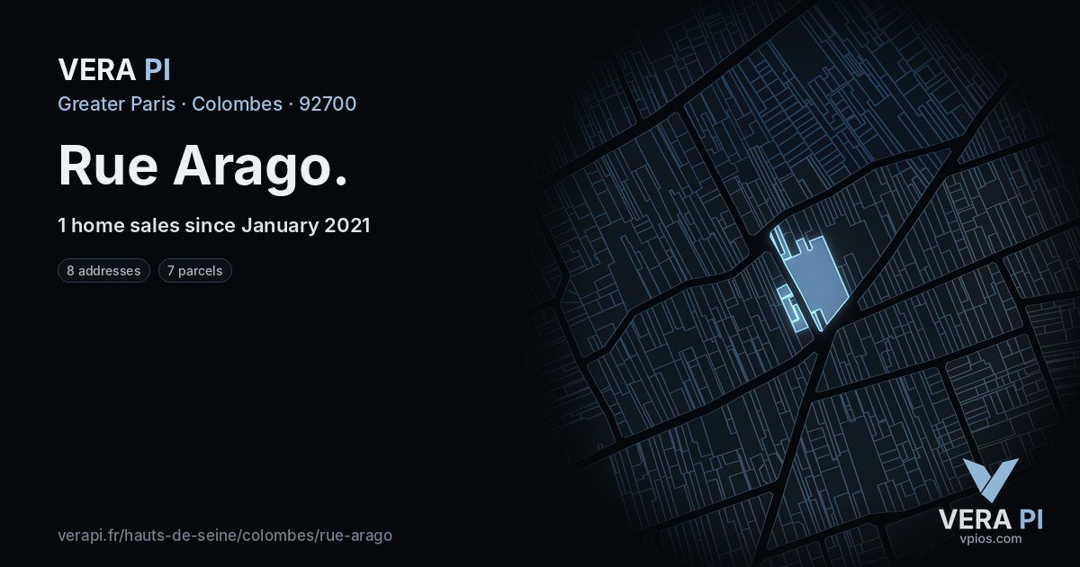 Rue Arago, Colombes at night – every parcel coloured by the prices around it, the street's own parcels lit