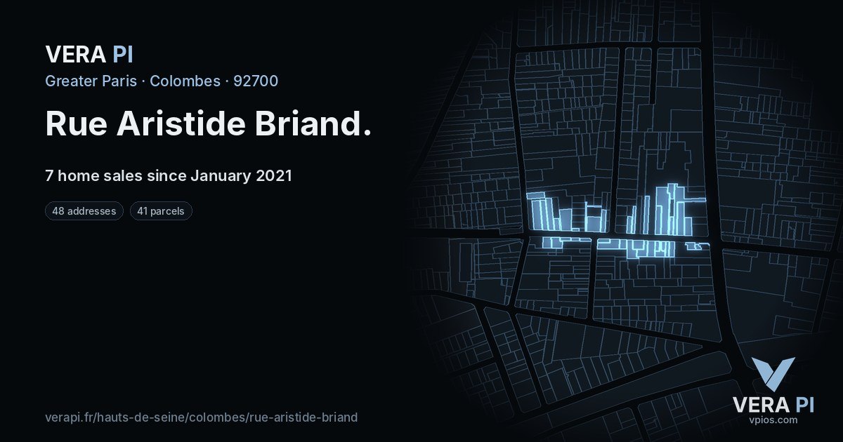 Rue Aristide Briand, Colombes at night – every parcel coloured by the prices around it, the street's own parcels lit