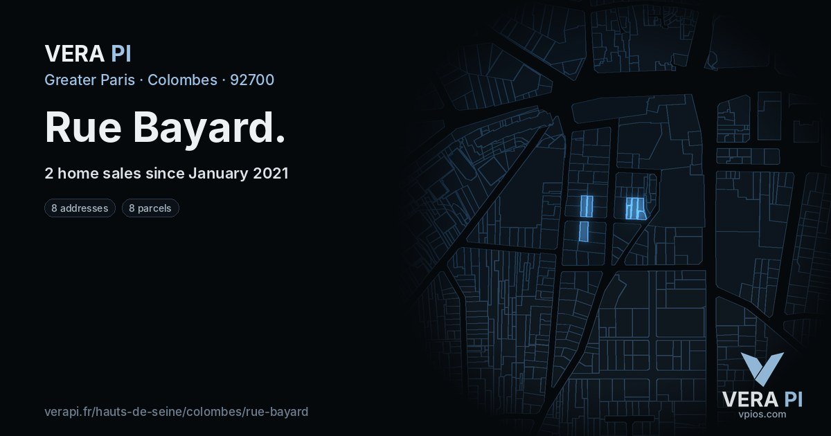 Rue Bayard, Colombes at night – every parcel coloured by the prices around it, the street's own parcels lit