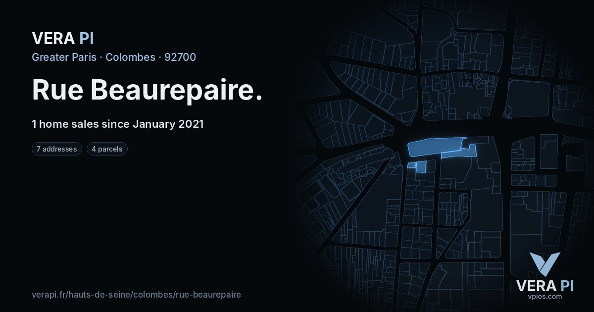 Rue Beaurepaire, Colombes at night – every parcel coloured by the prices around it, the street's own parcels lit