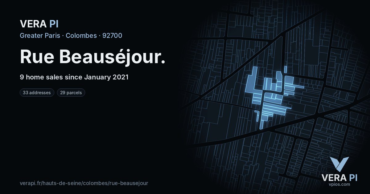 Rue Beauséjour, Colombes at night – every parcel coloured by the prices around it, the street's own parcels lit