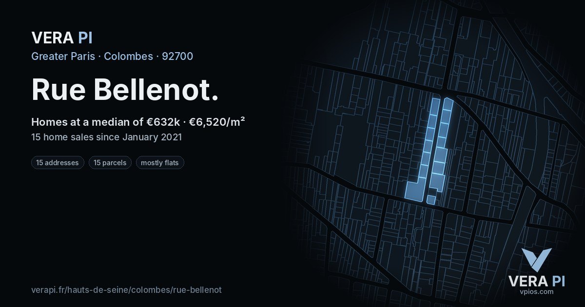 Rue Bellenot, Colombes at night – every parcel coloured by the prices around it, the street's own parcels lit