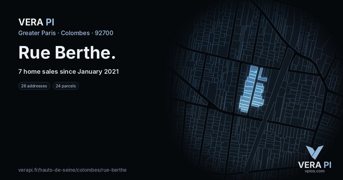 Rue Berthe, Colombes at night – every parcel coloured by the prices around it, the street's own parcels lit