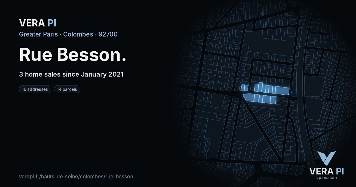 Rue Besson, Colombes at night – every parcel coloured by the prices around it, the street's own parcels lit