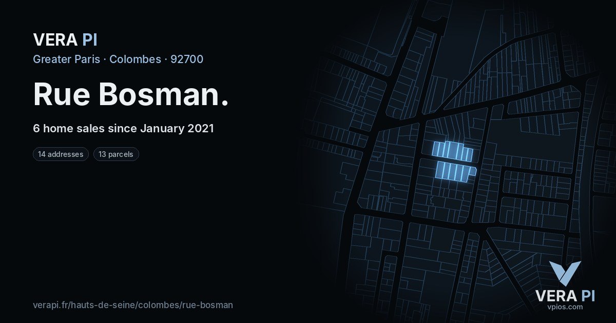 Rue Bosman, Colombes at night – every parcel coloured by the prices around it, the street's own parcels lit