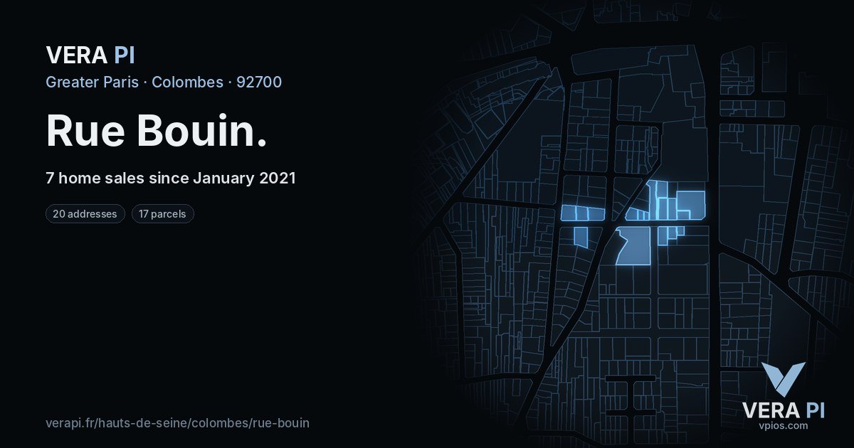 Rue Bouin, Colombes at night – every parcel coloured by the prices around it, the street's own parcels lit