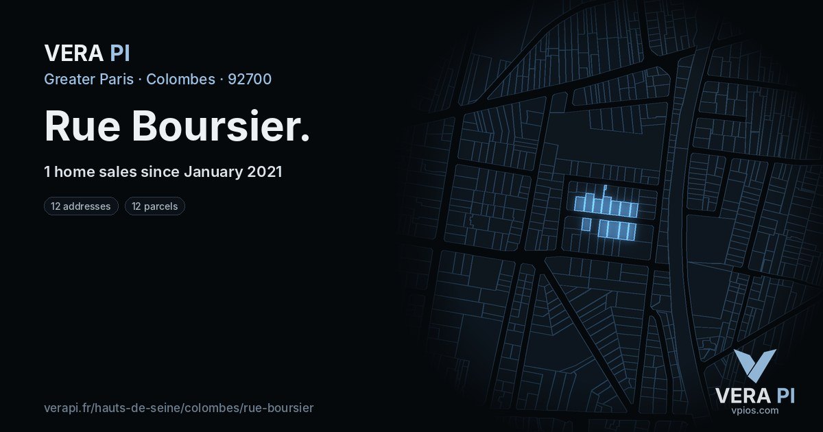 Rue Boursier, Colombes at night – every parcel coloured by the prices around it, the street's own parcels lit