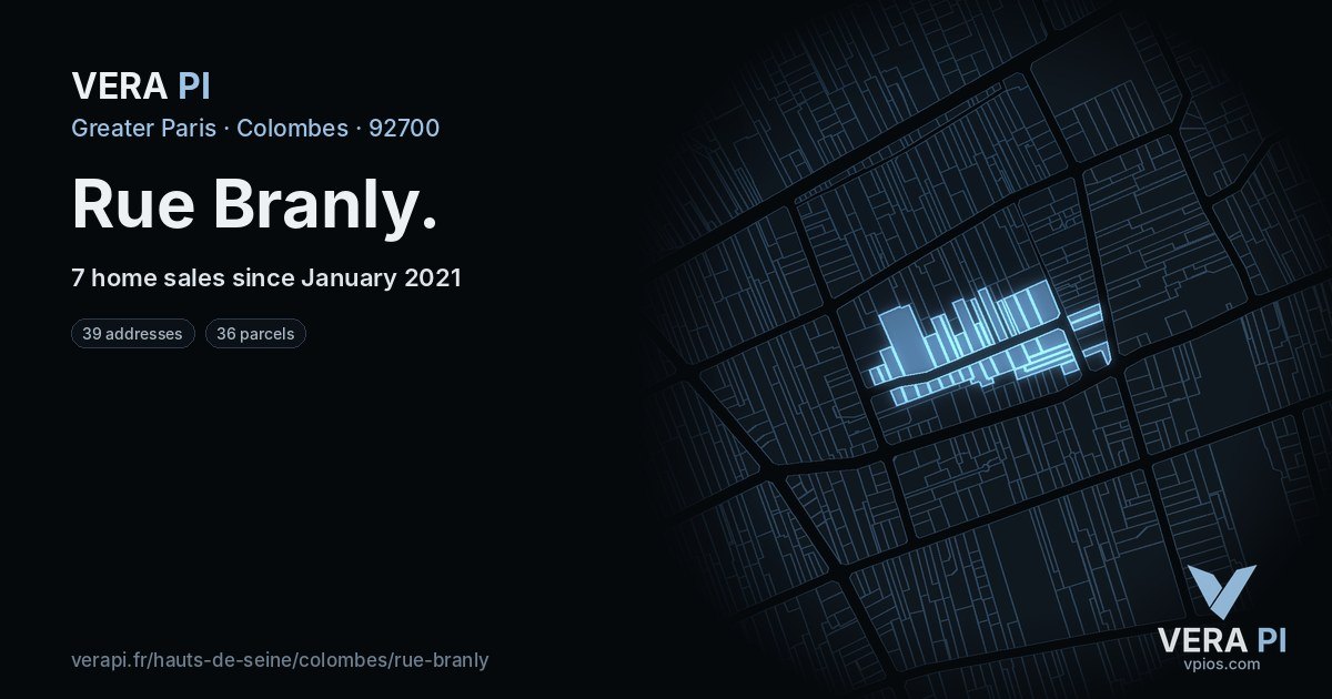 Rue Branly, Colombes at night – every parcel coloured by the prices around it, the street's own parcels lit