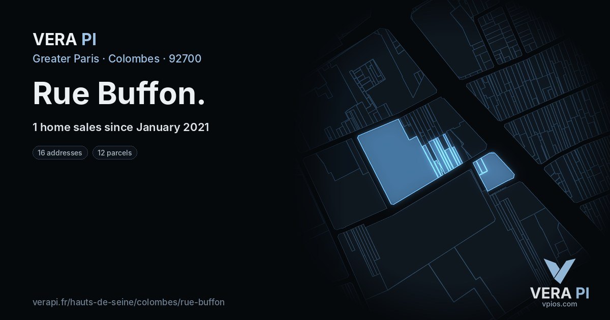 Rue Buffon, Colombes at night – every parcel coloured by the prices around it, the street's own parcels lit