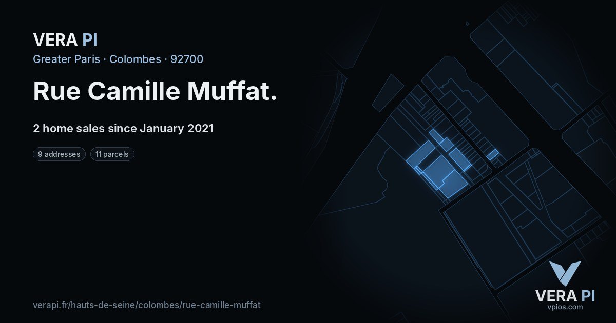 Rue Camille Muffat, Colombes at night – every parcel coloured by the prices around it, the street's own parcels lit