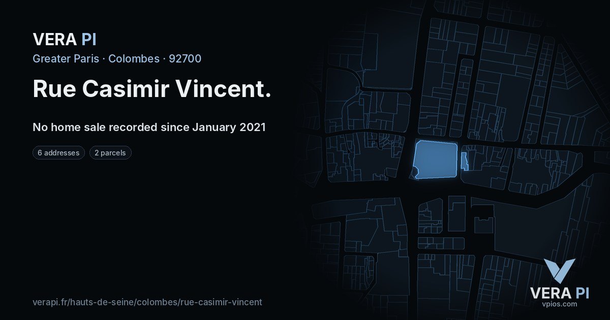 Rue Casimir Vincent, Colombes at night – every parcel coloured by the prices around it, the street's own parcels lit