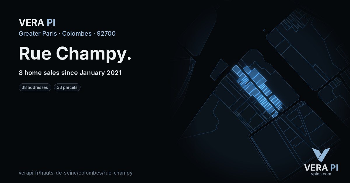 Rue Champy, Colombes at night – every parcel coloured by the prices around it, the street's own parcels lit