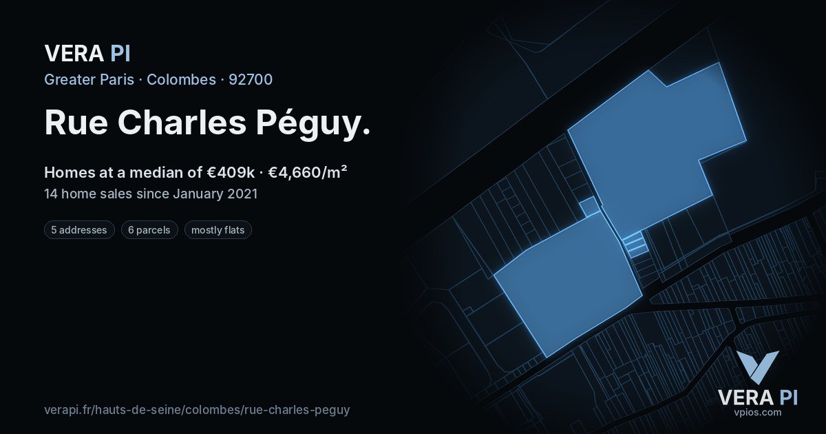 Rue Charles Péguy, Colombes at night – every parcel coloured by the prices around it, the street's own parcels lit