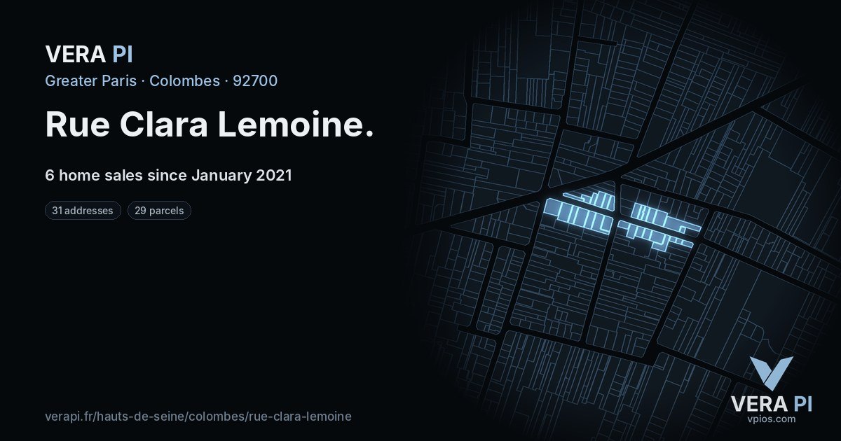 Rue Clara Lemoine, Colombes at night – every parcel coloured by the prices around it, the street's own parcels lit