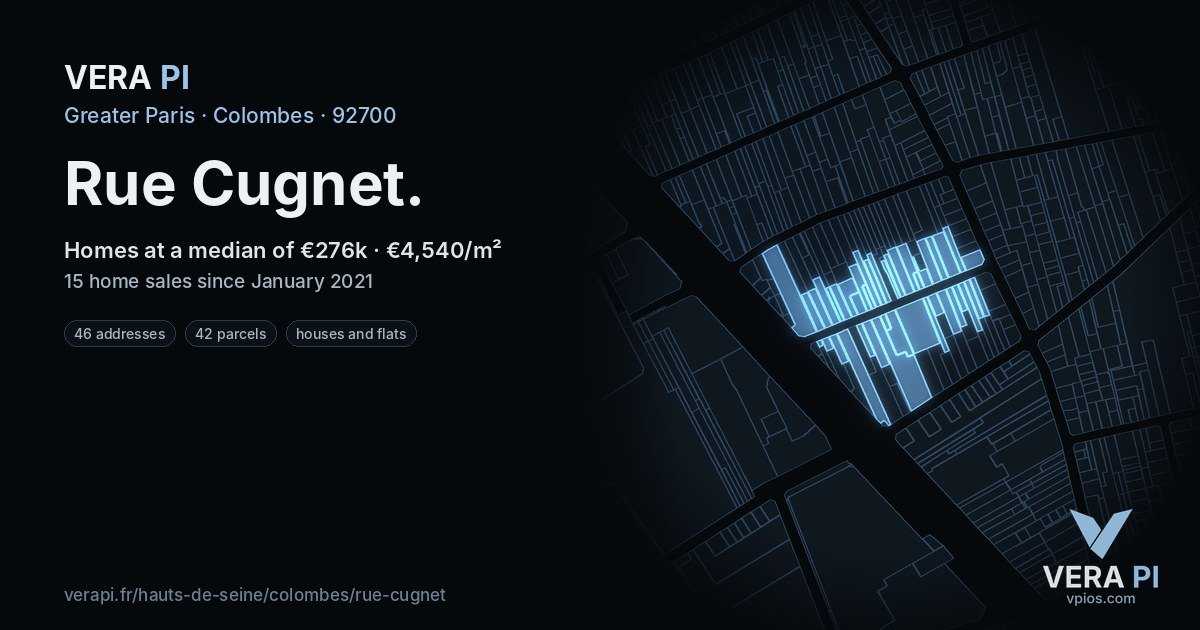 Rue Cugnet, Colombes at night – every parcel coloured by the prices around it, the street's own parcels lit