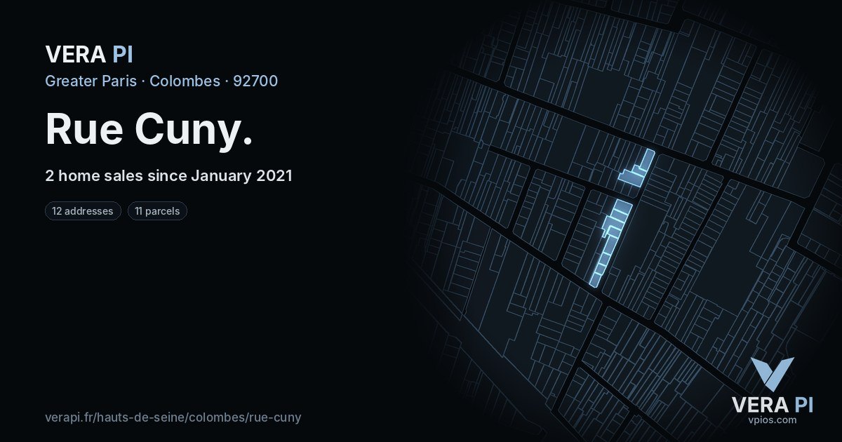 Rue Cuny, Colombes at night – every parcel coloured by the prices around it, the street's own parcels lit