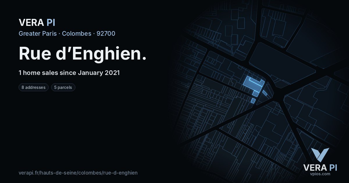 Rue d’Enghien, Colombes at night – every parcel coloured by the prices around it, the street's own parcels lit