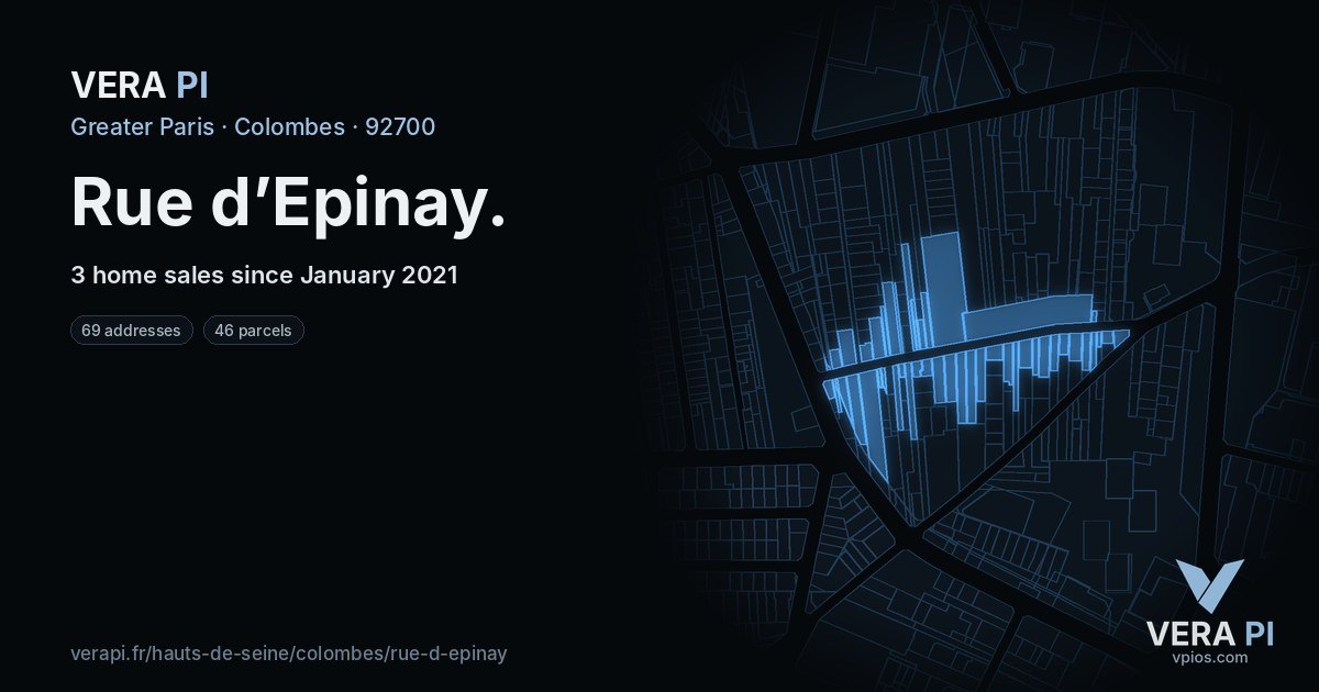 Rue d’Epinay, Colombes at night – every parcel coloured by the prices around it, the street's own parcels lit