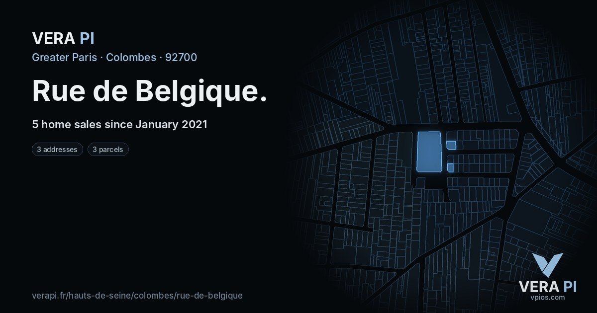 Rue de Belgique, Colombes at night – every parcel coloured by the prices around it, the street's own parcels lit