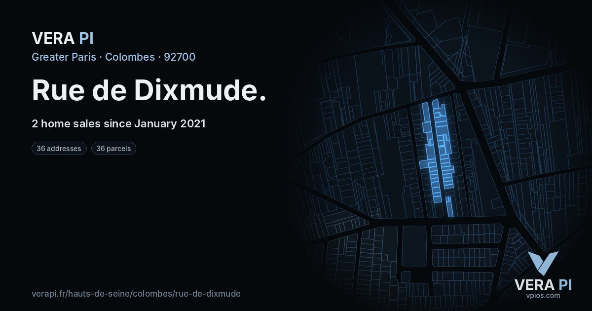 Rue de Dixmude, Colombes at night – every parcel coloured by the prices around it, the street's own parcels lit