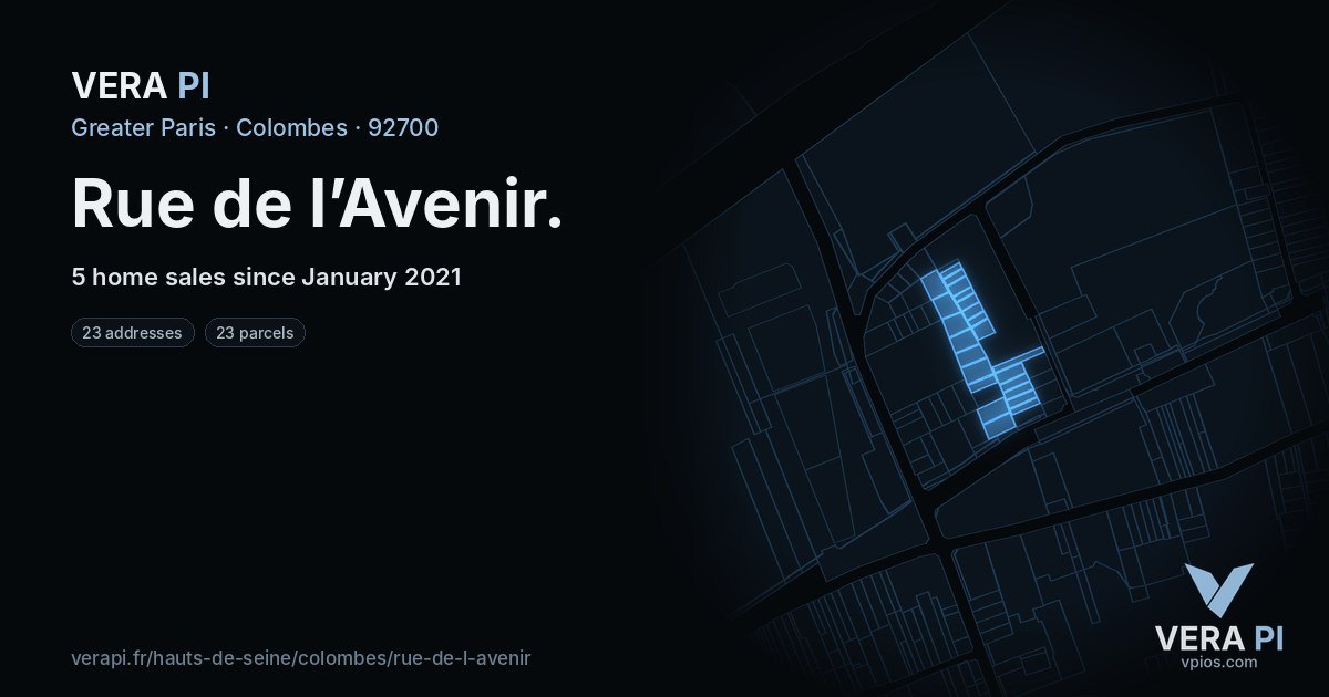 Rue de l’Avenir, Colombes at night – every parcel coloured by the prices around it, the street's own parcels lit