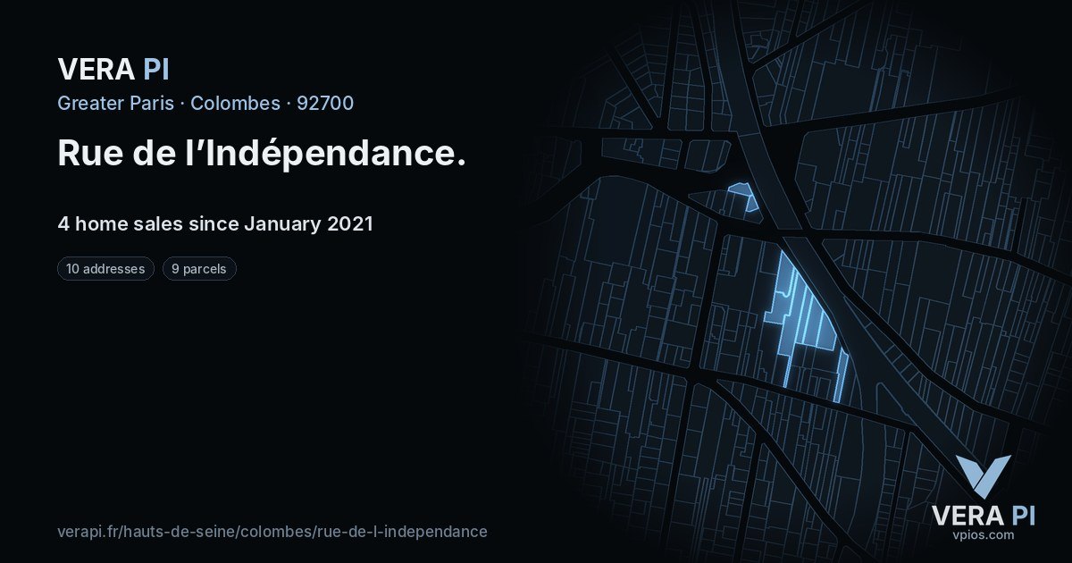 Rue de l’Indépendance, Colombes at night – every parcel coloured by the prices around it, the street's own parcels lit