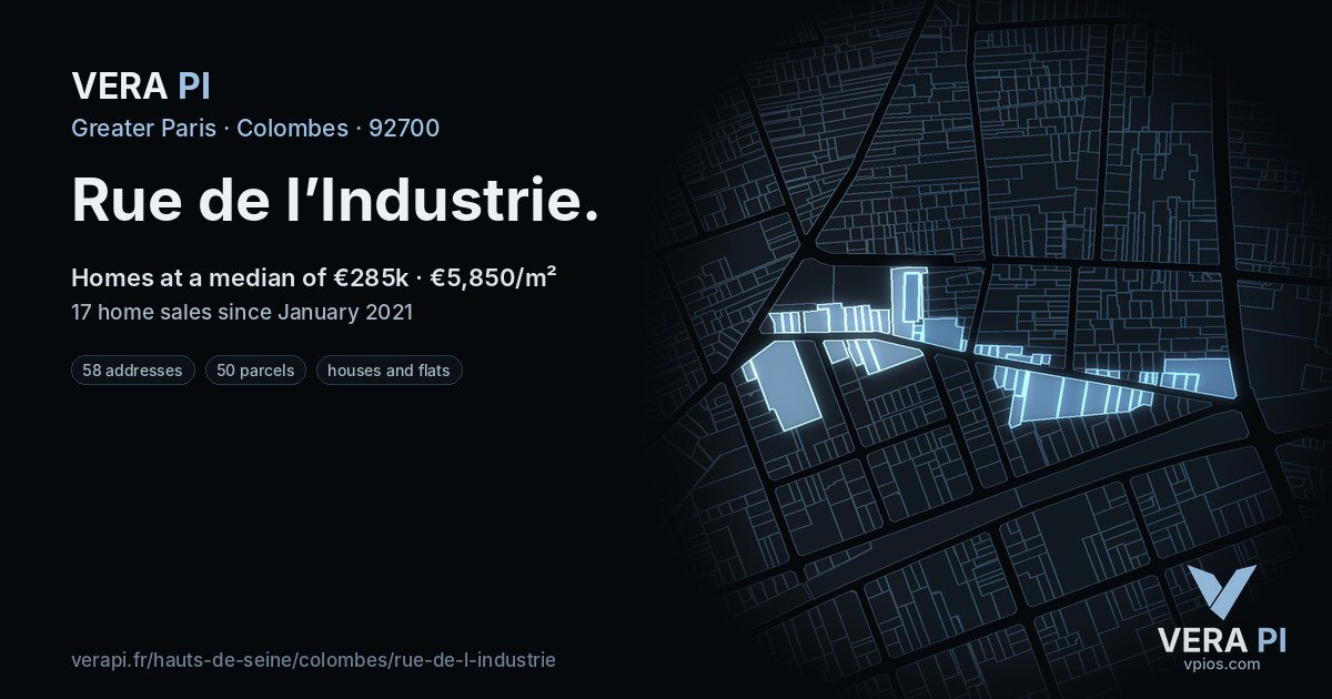 Rue de l’Industrie, Colombes at night – every parcel coloured by the prices around it, the street's own parcels lit