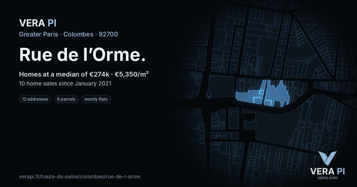 Rue de l’Orme, Colombes at night – every parcel coloured by the prices around it, the street's own parcels lit