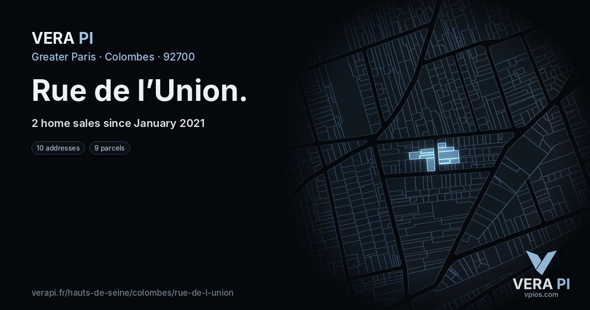 Rue de l’Union, Colombes at night – every parcel coloured by the prices around it, the street's own parcels lit