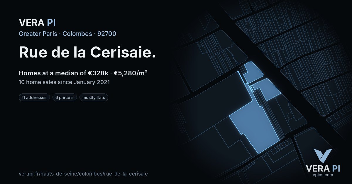 Rue de la Cerisaie, Colombes at night – every parcel coloured by the prices around it, the street's own parcels lit