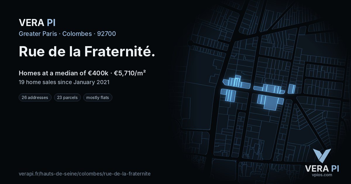 Rue de la Fraternité, Colombes at night – every parcel coloured by the prices around it, the street's own parcels lit