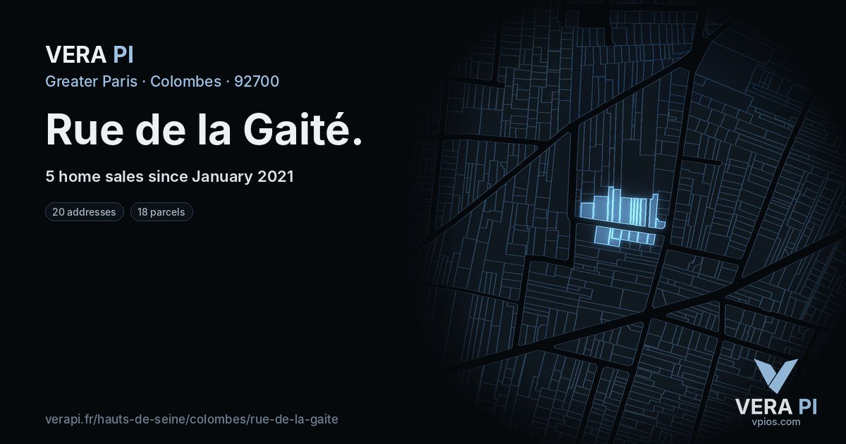 Rue de la Gaité, Colombes at night – every parcel coloured by the prices around it, the street's own parcels lit