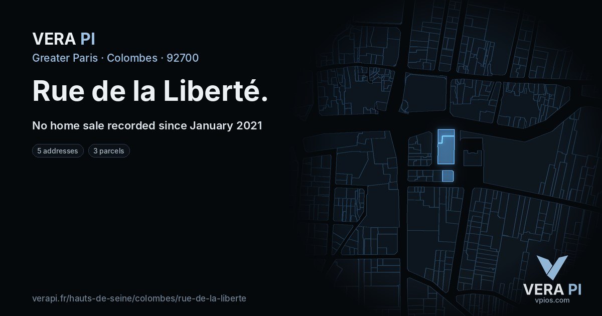 Rue de la Liberté, Colombes at night – every parcel coloured by the prices around it, the street's own parcels lit
