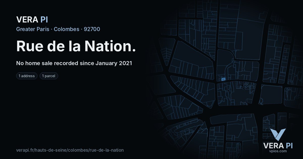 Rue de la Nation, Colombes at night – every parcel coloured by the prices around it, the street's own parcels lit