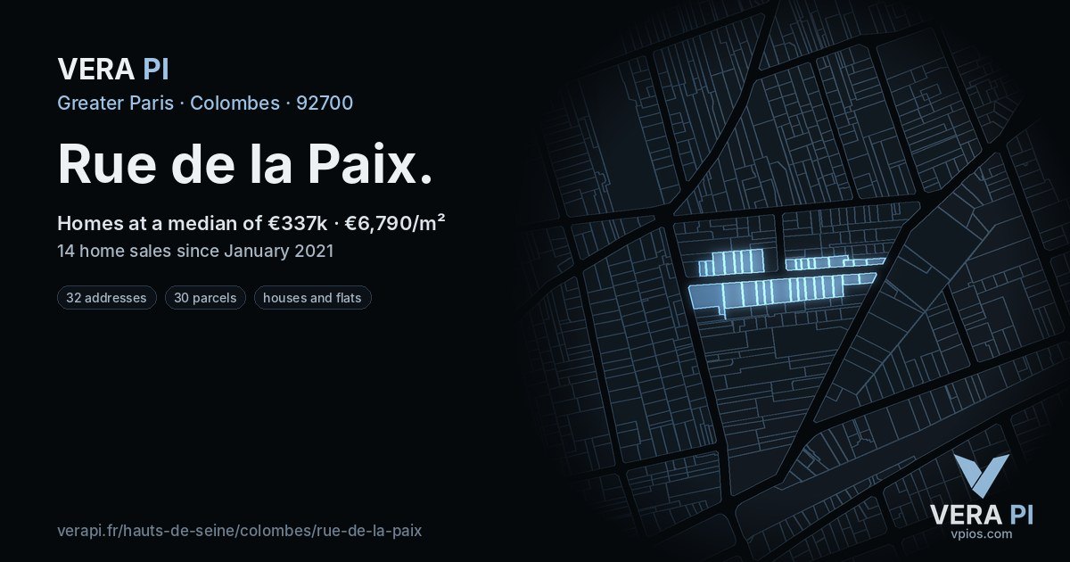 Rue de la Paix, Colombes at night – every parcel coloured by the prices around it, the street's own parcels lit