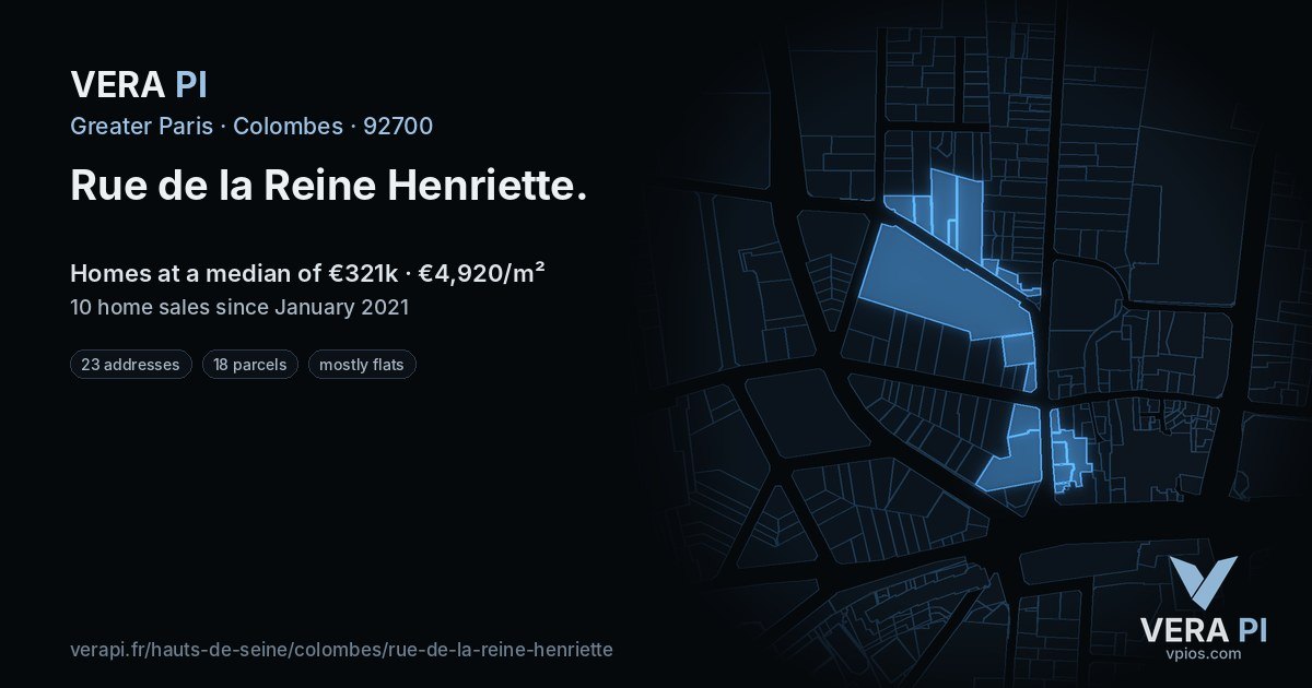 Rue de la Reine Henriette, Colombes at night – every parcel coloured by the prices around it, the street's own parcels lit