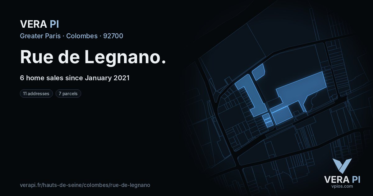 Rue de Legnano, Colombes at night – every parcel coloured by the prices around it, the street's own parcels lit