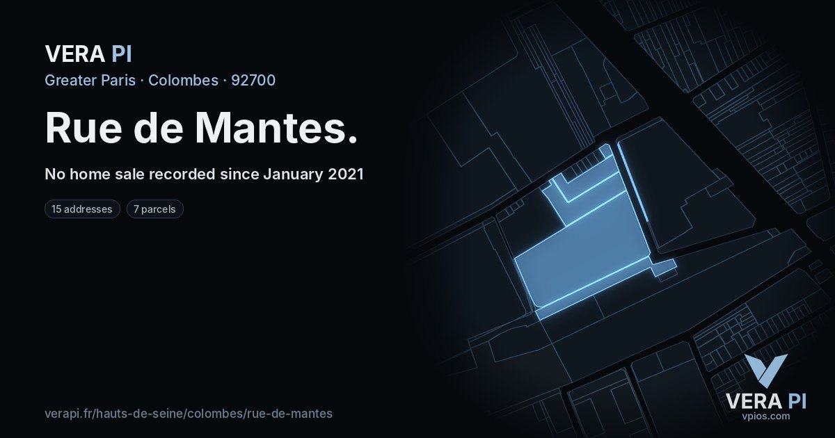 Rue de Mantes, Colombes at night – every parcel coloured by the prices around it, the street's own parcels lit