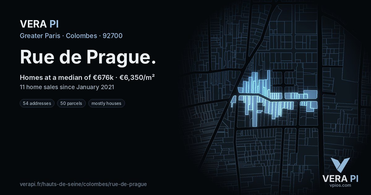 Rue de Prague, Colombes at night – every parcel coloured by the prices around it, the street's own parcels lit