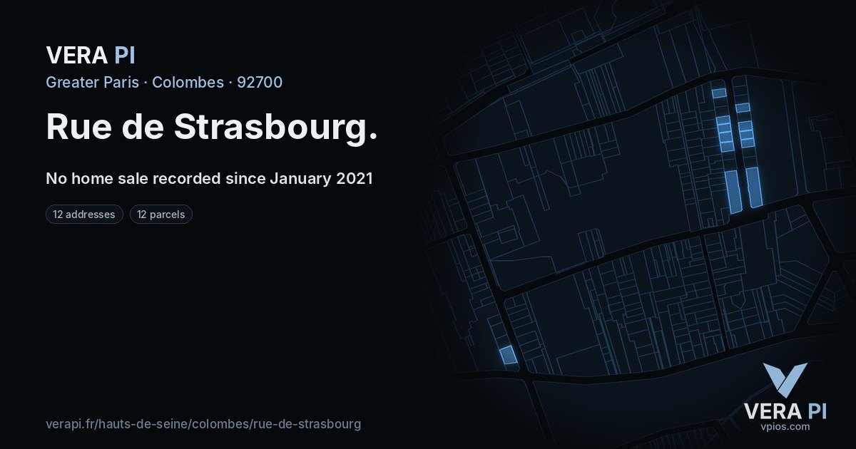 Rue de Strasbourg, Colombes at night – every parcel coloured by the prices around it, the street's own parcels lit