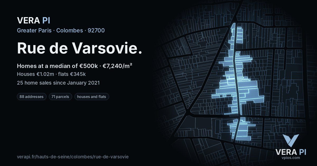 Rue de Varsovie, Colombes at night – every parcel coloured by the prices around it, the street's own parcels lit